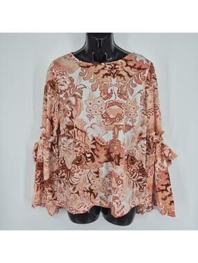 LC Lauren Conrad Womens Blouse Size Small Floral Coral Dunmask Bell Sleeves NWT
